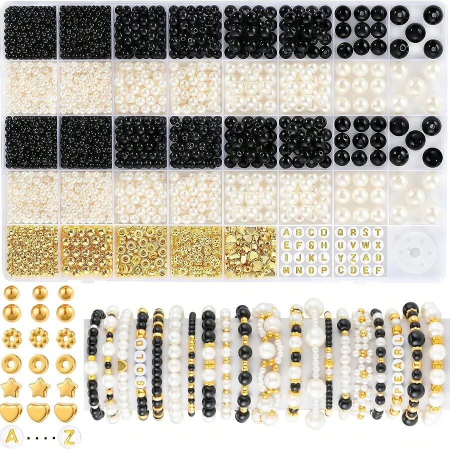 Elegant Versatile Series Pearl 40-Grid Divided Storage Jewelry Set, Black & White Pearl, All White Pearl Two Sets Of Jewelry Options, DIY Creative Design Jewelry Accessories - Multicolor - View 1