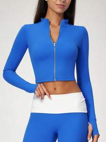 NcmRyu Women's 1pc Solid Color Stand Collar Zip-Up Thumbhole Cuff Short Jacket Coat, Autumn/Winter - Blue - View 7