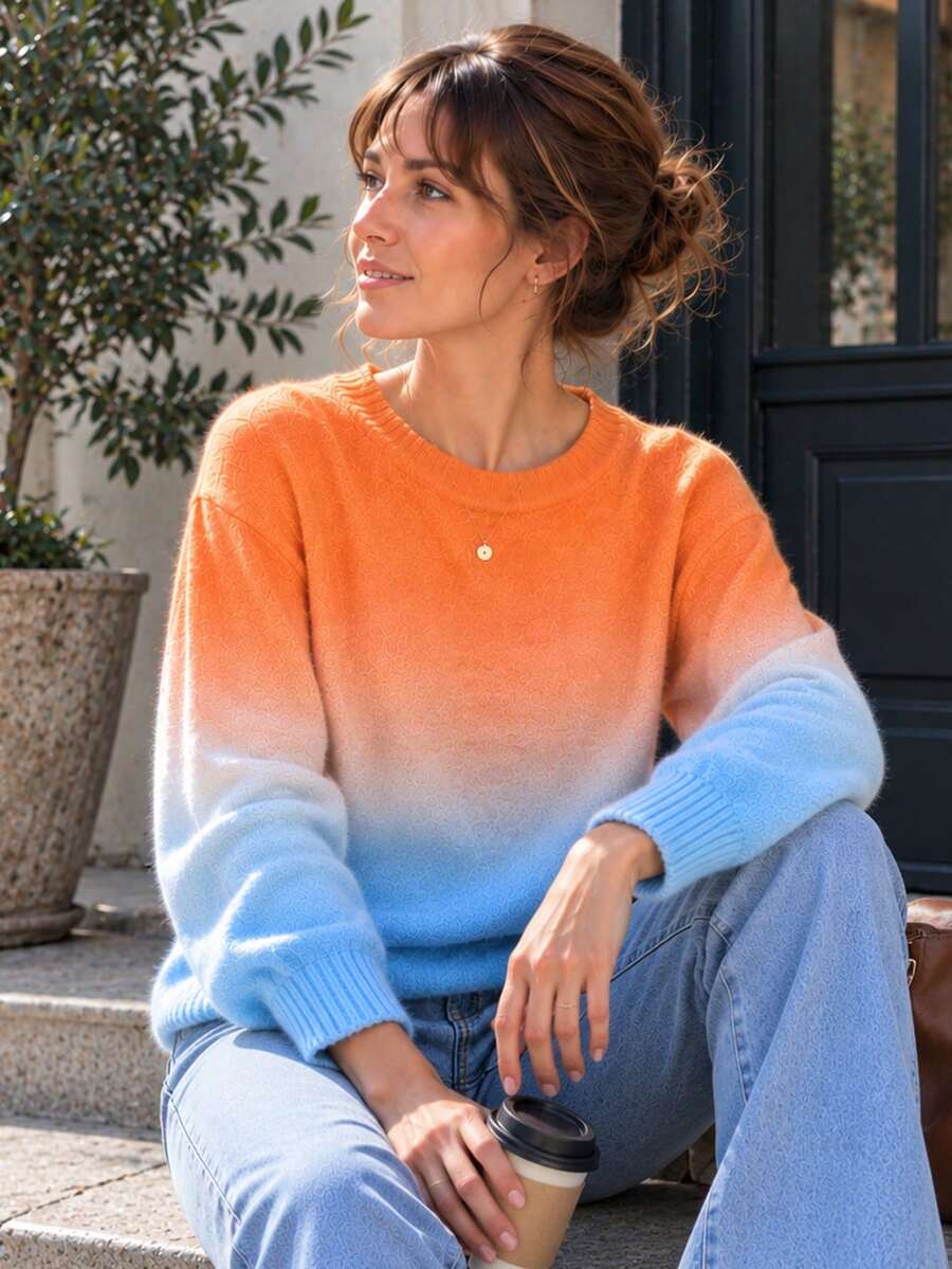 Women's Elegant Gradient Crew Neck Pullover Sweater, Ribbed Knit Detail, Medium Stretch, Suitable For Autumn/Winter Daily Wear - Orange - View 1