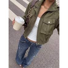 Women's New Autumn/Winter Casual Front Flap Pocket Zipper Open Front Jacket, Suitable For Outdoor, Street Style, Commuting, Daily Wear, Back To School, Halloween, Christmas - Army Green - View 1
