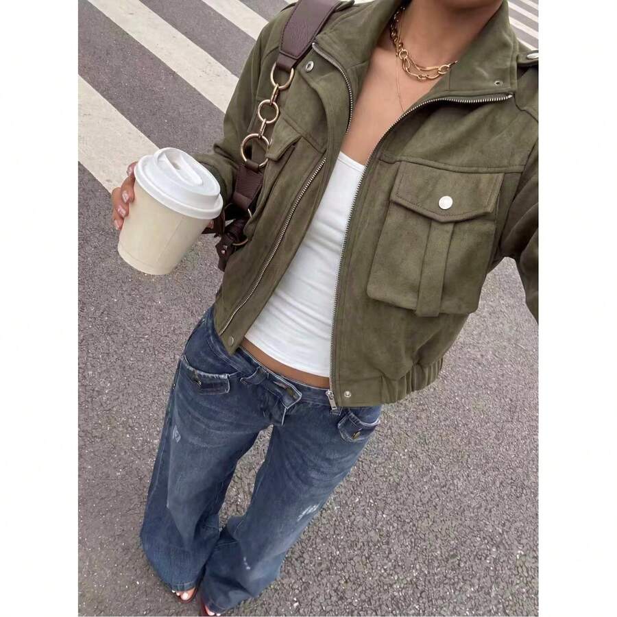 Women's New Autumn/Winter Casual Front Flap Pocket Zipper Open Front Jacket, Suitable For Outdoor, Street Style, Commuting, Daily Wear, Back To School, Halloween, Christmas - Army Green - View 1