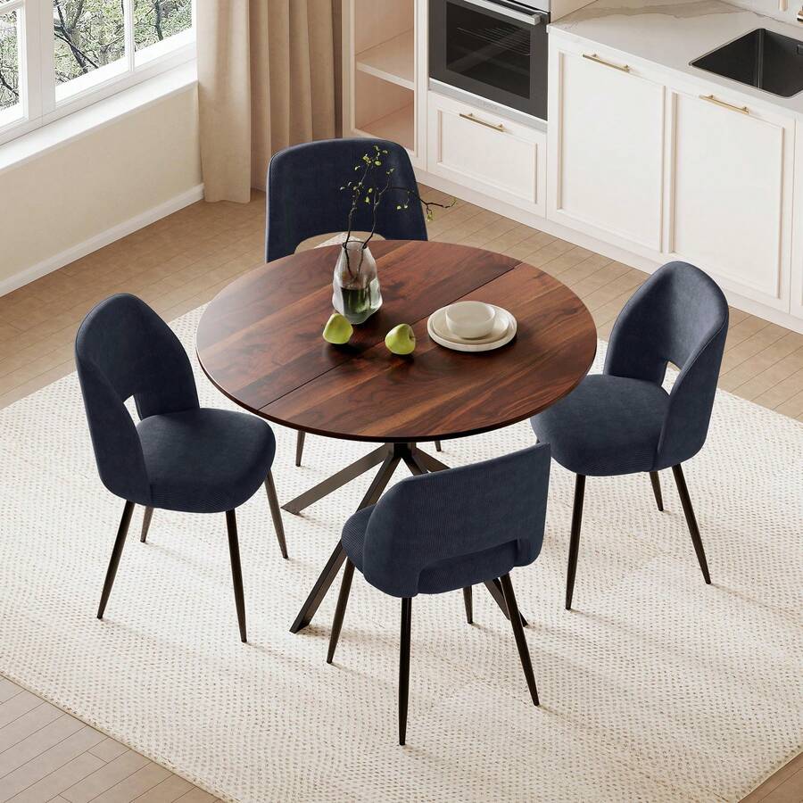 Folding Dining Table And Chairs Set Of 4, Easy Clean Round Dining Table With Padded Chairs Durable Dining Furniture Set Suitable For Dining Room And Kitchen - Brown Table + Dark Blue Chair - View 1