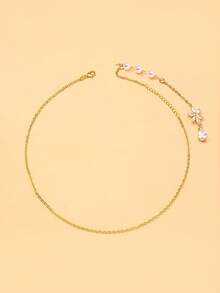 1pc Exquisite Floral Rhinestone Pendant Back Necklace, Vertical Pearl Beaded Water Drop Long Tassel Bridal Backless Wedding Dress Floral Pearl Back Chain - Rhinestone - View 6