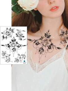8PCS Dark Style Rose Snake Butterfly Heart Pattern Party Gift Holiday Gift DIY Music Festival Temporary Waterproof Tattoo Stickers For Arm Shoulder Neck Collarbone Back - Black - View 4