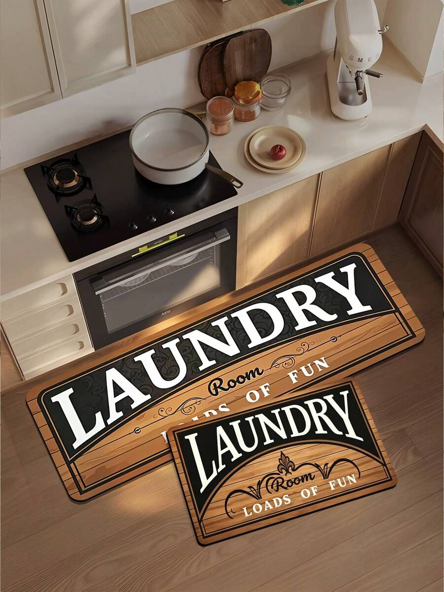 1pc American Vintage Wood Grain Letter Kitchen Floor Mat, Long Strip Doormat For Home Laundry Room Entryway Decor - Multicolor - View 1