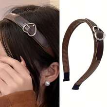 1pc Brown Leather Headband With Heart-Shaped Buckle, Fashionable Versatile Hair Accessory, Headband Hair Ornament, Suitable For Daily Wear, Gift - Brown - View 5