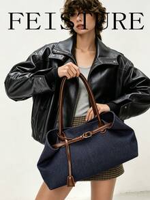 FEISTURE 1件大容量女款扣飾肩背包，時尚手提托特包，適合女孩、女性、大學生、職場新人與白領上班族，完美適用於工作、商務、通勤、上學 - 棕色 - 查看 9