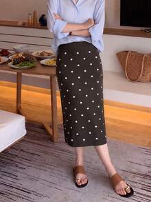 Women's Autumn/Winter Korean Y2K Polka Dot Knit Sweater Bodycon Skirt In Coffee Brown, Suitable For Casual Holiday Outings And Shopping - Brown With White Polka Dots - View 7