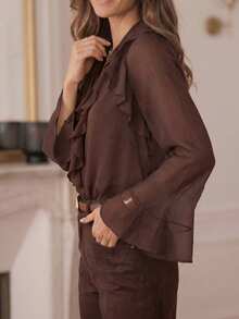 Women's V-Neck Ruffle Chiffon Blouse Brown Semi-Sheer Bell Sleeve Top - Brown - View 6