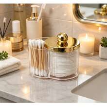 1pc 2 In 1 Cotton Pad Holder And Cotton Swab Organizer, Double Compartment Bathroom Vanity Storage Box, Minimalist Cosmetic Makeup Organizer For Countertop, Beauty Accessories Container - A - View 2