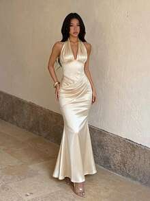 1pc Solid Color Elegant Knitted Fabric Dress For Wedding Autumn - Champagne - View 2