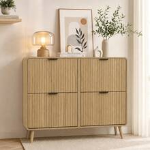 Fluted 4-Drawer Shoe Storage Cabinet – 47" Mid-Century Modern Entryway Organizer With Flip Drawers, Display Top & Bottom Storage - Natural Wood Color - View 7