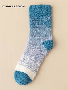 CLIMPRESSION Kaos Kaki Setengah Betis Unisex Motif Garis-Garis Blok Warna Bahan Bulu Karang Mewah, Kaos Kaki Tidur di Rumah yang Nyaman dan Hangat untuk Musim Dingin - MultiWarna - View 3