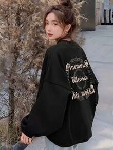Dark Style Symmetrical Floral English Circular Print Black Crew Neck Sweatshirt, Lazy Slimming Casual Top - Black - View 6