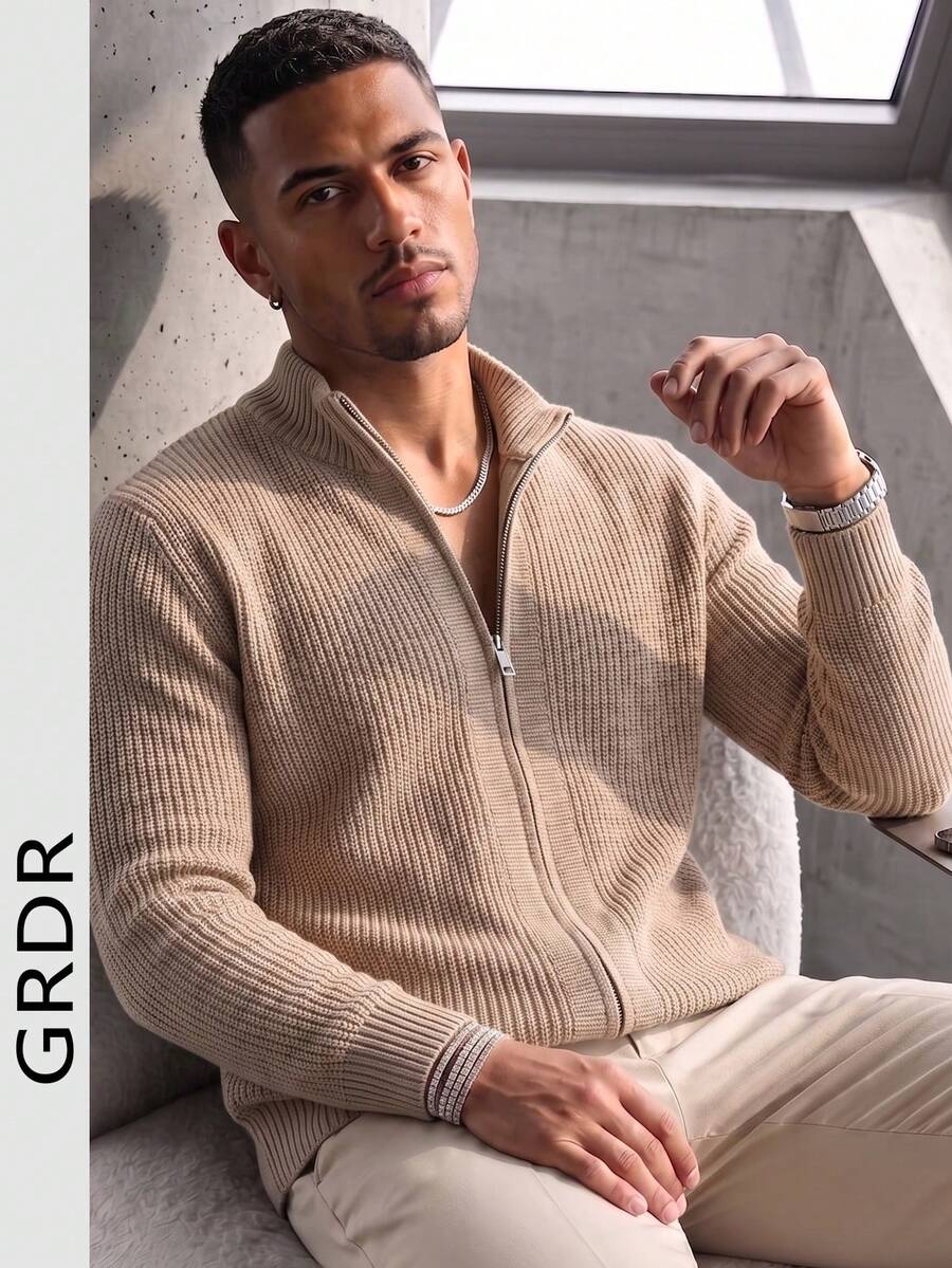 Kardigan Rajut Bertekstur GRDR Pria Warna Polos Kerah Tegak Ritsleting Jaket Sweater Kasual Musim Gugur/Dingin - Unta - View 1
