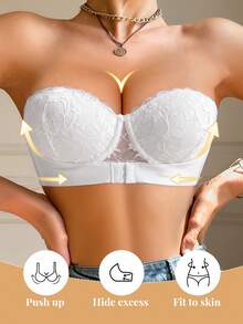 Lace Bandeau Non-Slip Underwire Push-Up Bra, Front Closure Design, Suitable For Small Bust, Comes With Invisible Straps, Multi-Wear - White - View 3