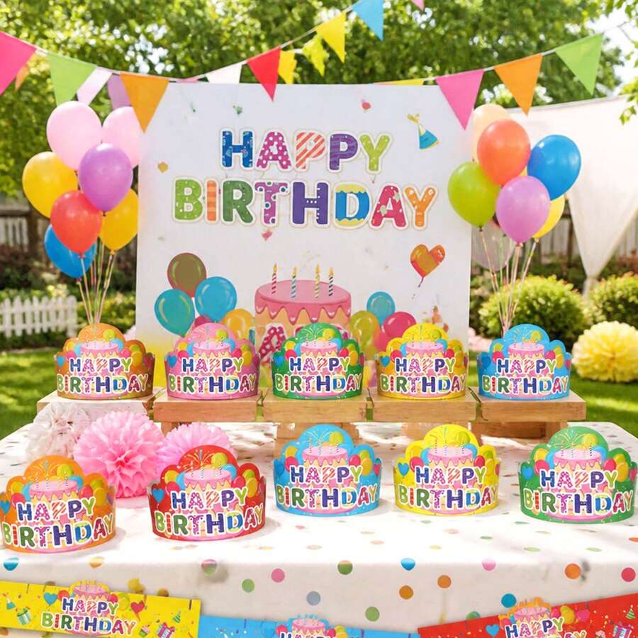 6 Colors Happy Birthday Crown Hat Macaron Paper Party Hat Dreamy Fairy Tale, Baby Shower, Rainbow Theme Party, Family Gathering, Holiday, Christmas Party Atmosphere Photo Booth Props Party Decoration Supplies