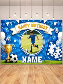 Customizable Photo & Name Football Theme Happy Birthday Backdrop Banner, Blue & White Flag, Balloon & Gold Trophy Design, Suitable For Football Theme Birthday, Event, Holiday, Celebration Background Decoration & Photography Prop, Vinyl Material - Blue - View 3
