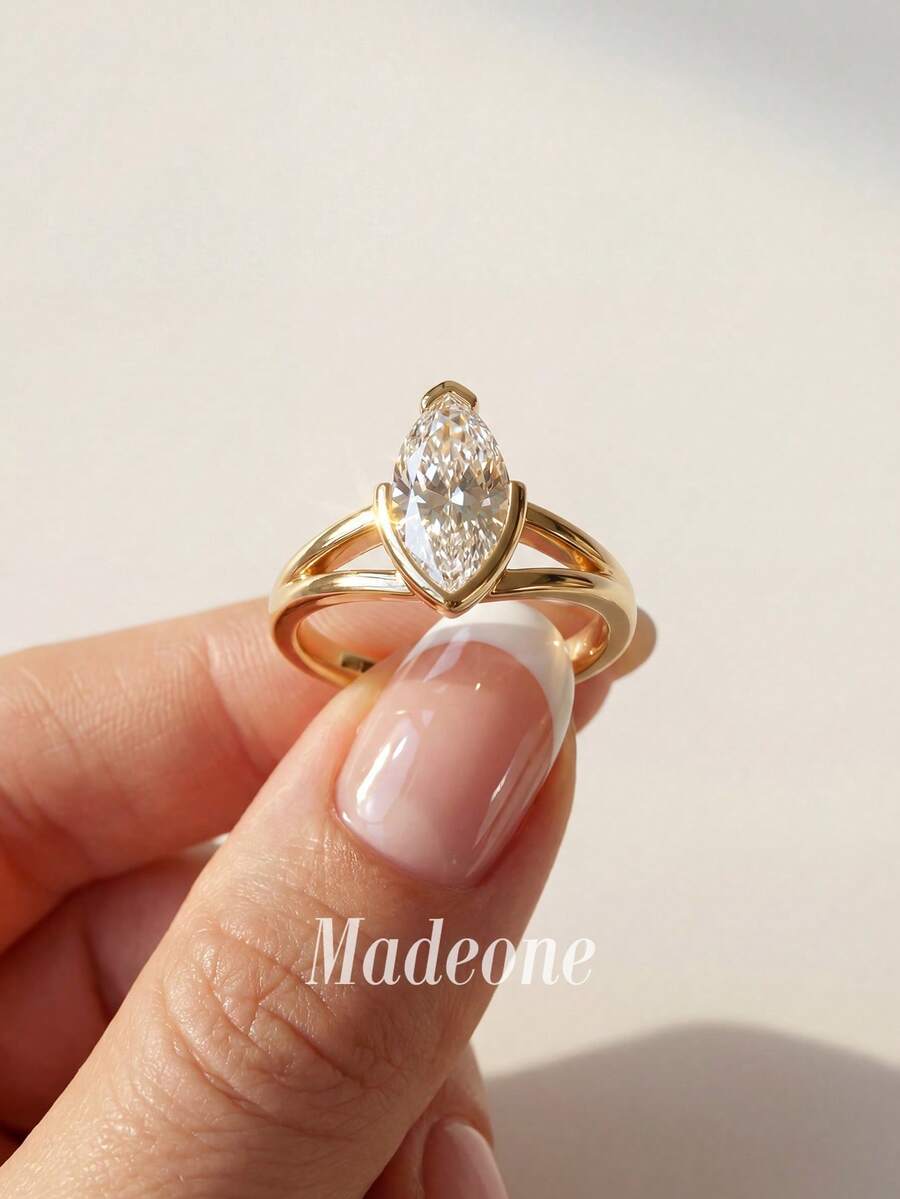 MADEONE 1件優雅馬眼形切面鋯石戒指，光滑拋光表面，女性日常配戴或訂婚禮物 - 金色 - 查看 1