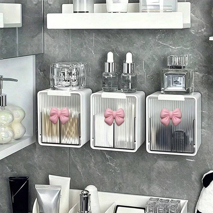 6pcs Cotton Swab Storage Box, Wall Mounted Makeup Pad Storage Box, Suitable For Bathroom, Washbasin, Dressing Table, Miscellaneous Storage Rack, Essential Bathroom Accessories, Makeup Remover Pad Storage Box, Desktop Makeup Pad Storage Box