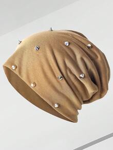 1pc Women's Street Vintage Rivet Solid Color Beanie, Outdoor Casual Versatile Knit Hat - Multicolor - View 8