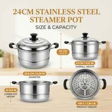 24cm Thickened Stainless Steel Multi-Function Korean Style Soup Pot, Double Layer Steamer And Cooker, Home Stew Pot With Lid, Dual Handles Anti-Scald Cookware, Suitable For Gas Stove And Induction Cooktop, Includes 1 Steamer Plate For Steaming Seafood And Eggs - View 7