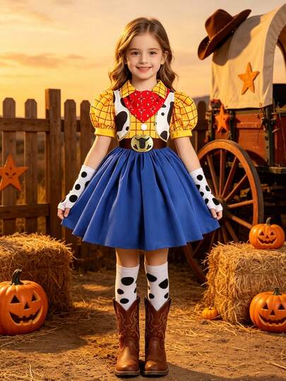 Children Western Cowboy Girl Puff Sleeve Plaid Princess Dress With Scarf, Arm Warmers And Knee High Socks, Kids Halloween Costume Role Play Outfit For Carnival Stage Performance Birthday Theme Party Fancy Dress Up