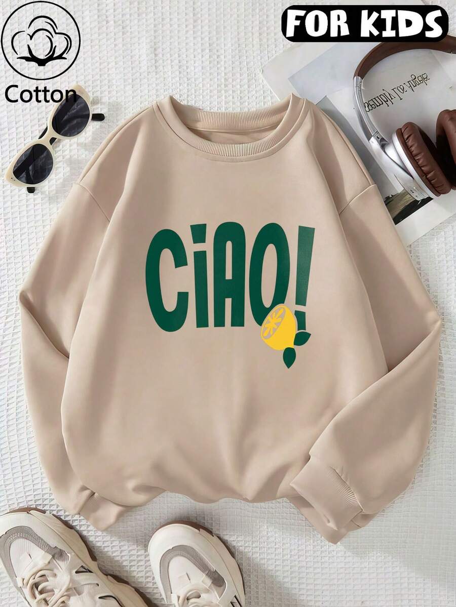 سويت شيرت للأطفال بياقة دائرية، بلوزة قطنية للأطفال بطبعة ليمون وحروف Ciao - لون مشمشي - مشاهدة 1