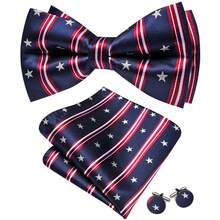 4Pcs Men Navy Blue & Red Striped Bow Tie Pocket Square Cufflinks Boutonniere Set For Wedding Business Party - Navy Blue - View 5