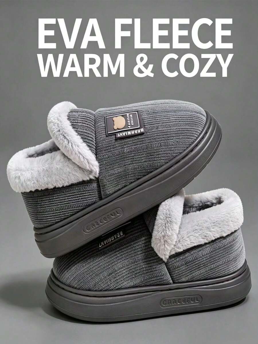 Men's Warm Padded Closed-Back Slippers For Home, Autumn/Winter - Grey - View 1
