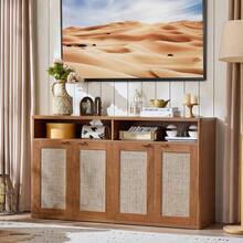 55 Inch Farmhouse Rattan Buffet Sideboard Cabinet With 4 Gold Tone Handles Adjustable Inner Shelves And Open Storage Shelf Dining Room Kitchen Living Room Hallway - Tea Brown - View 8