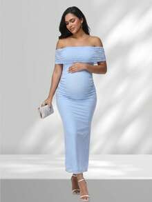 JustVH Elegant Maternity Tulle Off-Shoulder Pleated Sleeveless Summer Dress, Suitable For Baby Shower Party Photos Fall - Blue - View 6