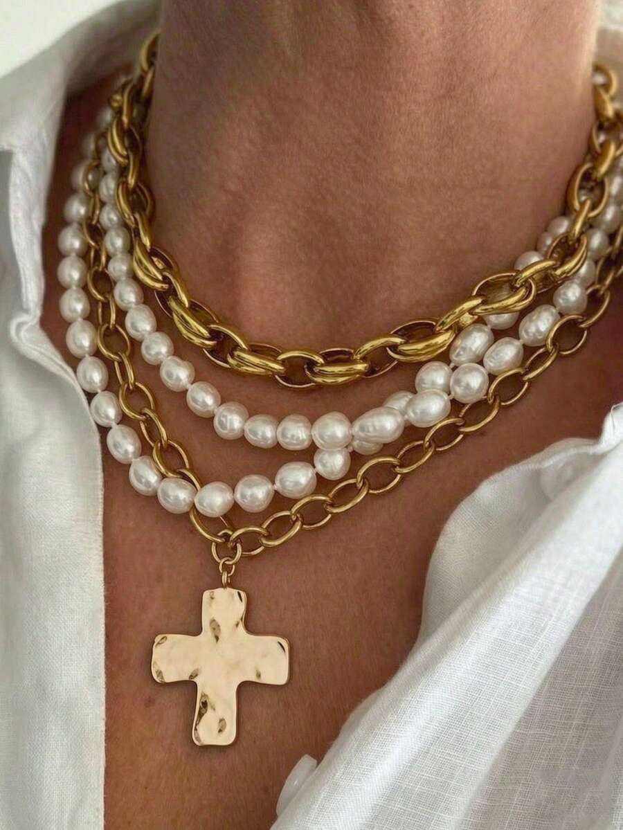 4pcs Vintage Fashion Gothic Punk Style Multi-Element Metal Cross Pendant & Layered Faux Pearl Beaded Necklace Set, Suitable For Men's Daily Wear, Party Decoration, Outfit Matching Charming Jewelry Set - Yellow Gold - View 1