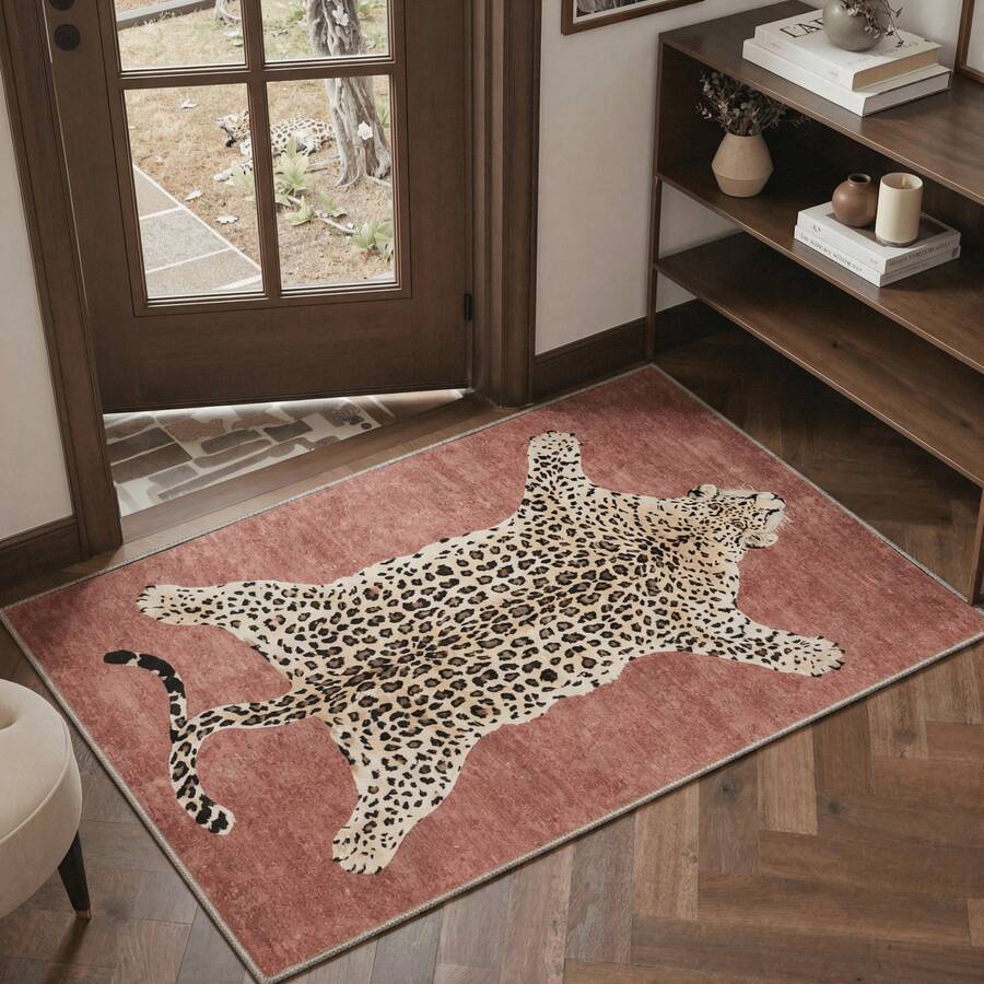 Velvet Leopard Print Non-Slip Rug, Suitable For Bathroom, Bedroom, Entryway Decoration, Suitable For Bedroom, Living Room, Entryway - Soft Washable Faux Cashmere Carpet With Duck And Bird Pattern, Machine Washable Bohemian Style Rug, Non-Slip Soft Round Carpet, Suitable For Bedroom, Living Room, Kitchen Home Decor - Multicolor - View 1