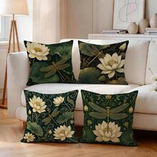 4pcs/1pc Vintage Gilded Lotus & Dragonfly Pattern Pillow Case, Single-Sided Printed Pillow Case, Suitable For Living Room, Bedroom, Home Decor, All-Season Pillow Case - Multicolor - View 6