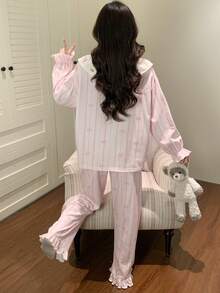 2pcs/Set Women's Pajamas Loungewear Set, Bow Print Frill Trim Fashion Cardigan Long Sleeve Pants, Easy Care Fabric - Pink - View 3