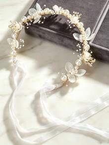 2Pcs Pearl Flower Headbands, Vintage Bridal Hair Bands With Ribbon For Women Wedding Party Hair Accessories - Multicolor - View 3