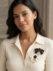 2pcs/Set French Camellia Flower & Bow Brooch, Black & White Crystal Teardrop Lapel Pin, Luxury Elegant Suit Accessory - Black+White - View 4