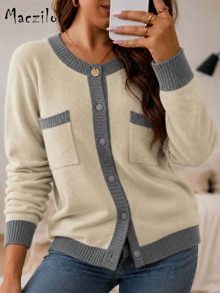 Cardigan Rajut Blok Warna Ukuran Besar, Sweater Lengan Panjang Kerah Bulat dengan Kancing Depan, Dilengkapi Saku, Pakaian Luar Kasual Musim Gugur/Dingin - Unta - View 1