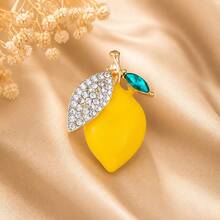 Vintage Rhinestone Inlaid Lemon Fruit Brooch Pin, Gold‑Tone Enamel Statement Accessory For Daily Outfit Clothing Decoration - Yellow - View 4