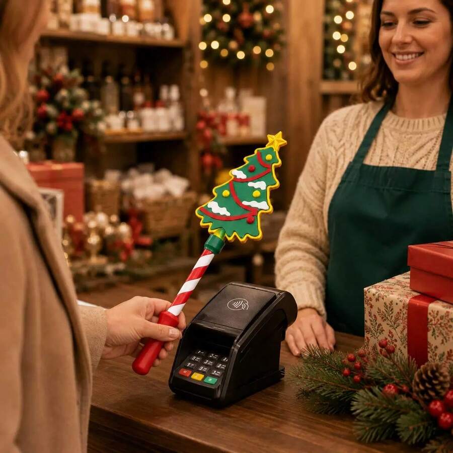 2/1pc Christmas Themed Tap-To-Pay Wand,Built-In Card Holder&Candy Cane Grip Contactless POS Payment Stick,Santa Claus & Christmas Tree Multiple Styles,Fun Holiday Checkout Experience,Multi-Use Photo Prop&Counter Decor,Ideal Christmas Holiday Gift - Multiple Styles - View 1