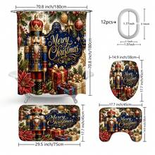1pc/4pcs Blue & Gold Nutcracker Pattern Multifunctional Bathroom Decor Shower Curtain Set, Free 12 Hooks, Premium Holiday Atmosphere, Bathroom Mat, U-Shaped Rug And Round Toilet Lid Cover, Suitable For All Occasions, Bathroom Set - Blue and Gold Nutcracker - View 3