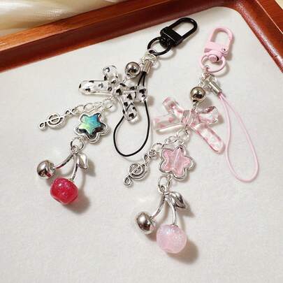 1Pc Cherry Bow Star Keychain, Alloy Clasp Bag Charm, Cute Music Note Pendant For Backpack Handbag, Phone Lanyard, Multi‑Style, Daily Holiday Gift