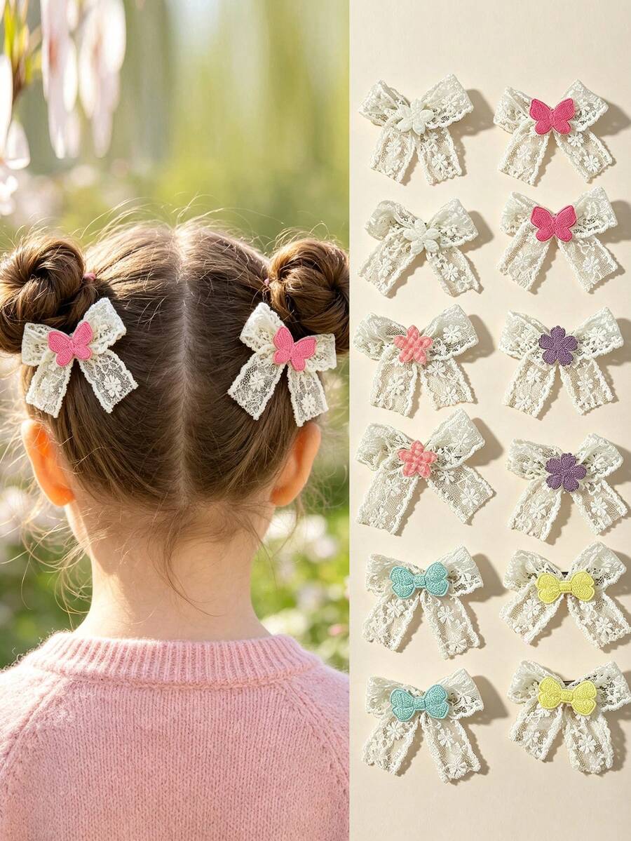 12PCS Children's Hollow Bowknot Decorative Hair Clips, Different Accessory Combination Set, Suitable For Daily Wear And Outings - Multicolor - View 1