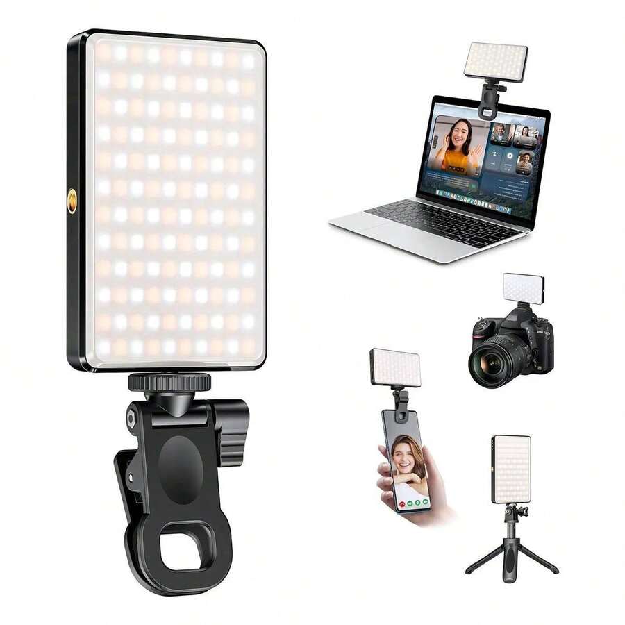 Luz de Vídeo LED Portátil RGB 96 Luces, Lámpara de Relleno Recargable con Clip para Celular, Cámara y Laptop, Temperatura Color 2500‑9000K - Negro - Ver 1