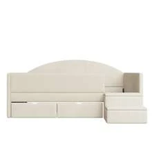 Upholstered Sofa Bed, 90*190 Cm, Multifunctional Bed With Two Drawers And Side Rails, With Steps, Soft Velvet Fabric, No Mattress, Beige - Beige - View 8
