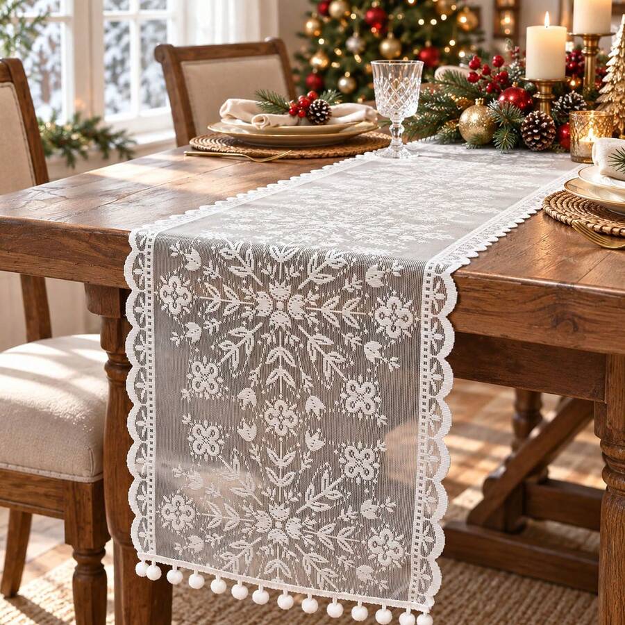 White Lace Snowflake Table Runner With Pom Pom Trim, Suitable For Christmas Indoor/Outdoor Home Decor And Party Atmosphere Setup - Multiple Styles - View 1
