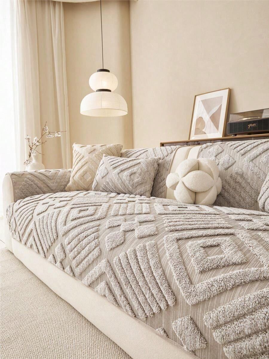 1pc Bohemian Style Striped Geometric Jacquard Sofa Cover, Skin-Friendly Pet-Friendly Scratch-Resistant Sofa Protector, Machine Washable Universal Furniture Cover, Suitable For 1/2/3/4 Seater Sofa - Khaki - View 1