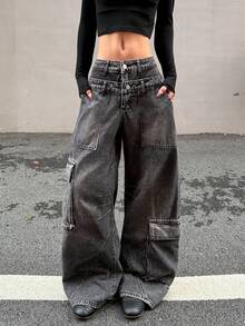 1pc American Street Retro Women's Patchwork Multi-Pocket Double-Waist Cargo Loose Jeans Fashion Wide-Leg Denim Pants All-Season Versatile Long Pants (Belt/Accessories Not Included) - Black - View 6