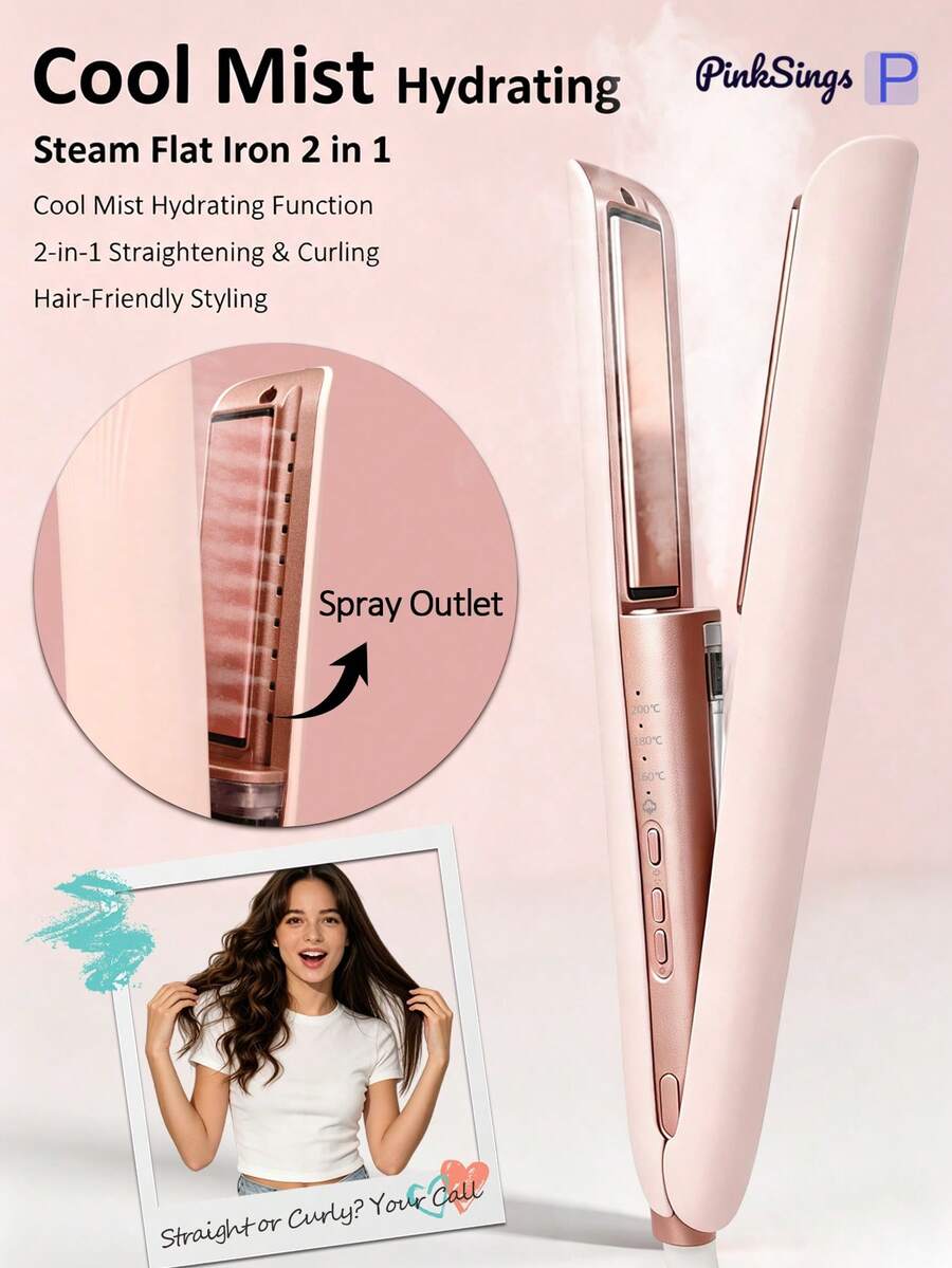 PinkSings Mini Size Steam Hair Straightener, 2-In-1 Cold Mist Hydrating Straightener & Curler, Anti-Frizz Hair Care With Less Damage